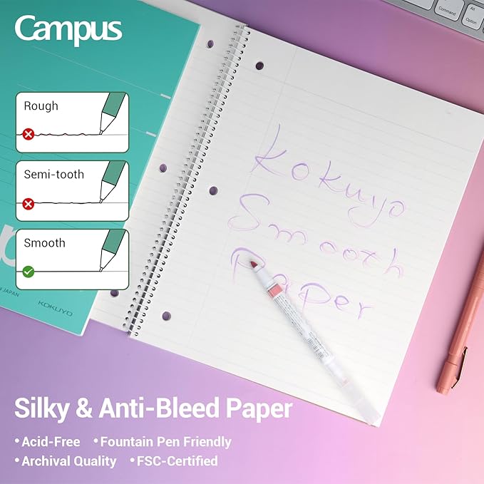 KOKUYO Spiral Notebook, 3 Pack Campus 10-1/2" x 8" Subject Notebooks with Wide Ruled, 80 Sheets, Purple Orange Turquoise 3 Holes School Spiral Journal for Work Study Note Taking (WSG-SU-400G3×3)