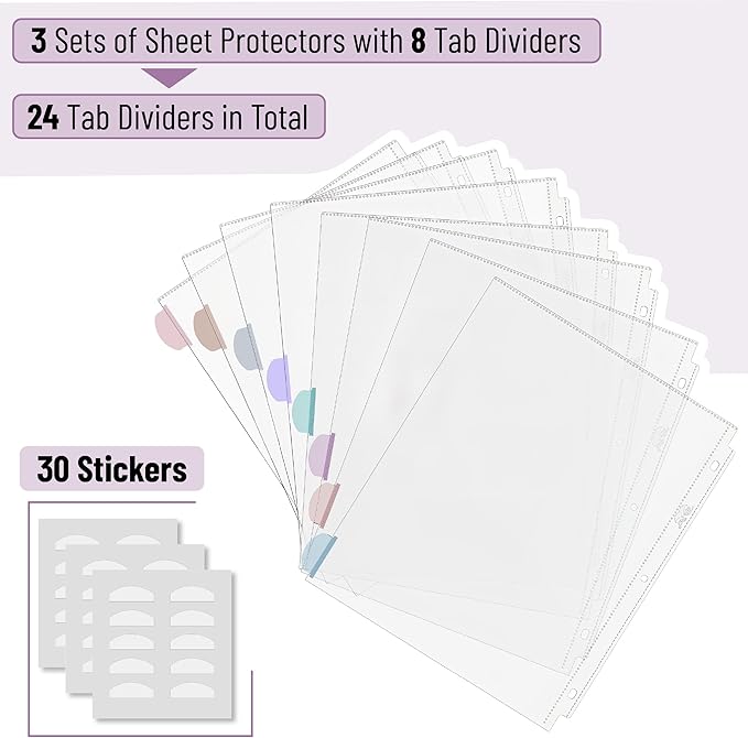 Mr. Pen- Clear Sheet Protectors with Binder 8 Tabs, 3 Sets, Morandi Color, Clear Plastic Dividers for 3 Ring Binder, Insertable Index Page Divider Multicolor Tabs