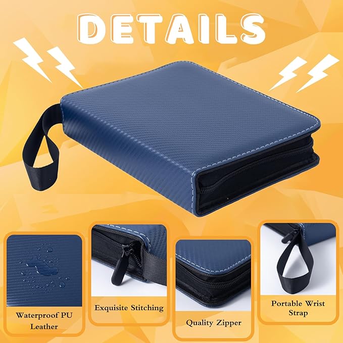 Card Binder 4 Pocket with 50 Removable Sleeves-Can Hold 400 Cards,3-Ring Zipper Sports Book is Gifts for Boys and Girls(Blue)