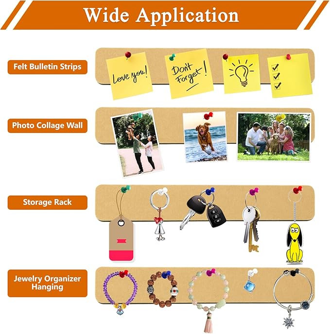 8Pcs Rectangle Felt Cork Board Bar Strips with 35 Pushpins, Self-Adhesive Bulletin Board Strips for Office School Home Wall Decor Stickers Memos Schedules Photos Display -Deep Camel