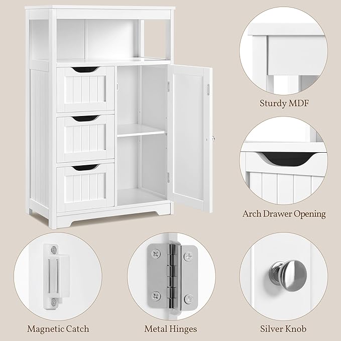Yaheetech Bathroom Floor Cabinet Wooden Storage Organizer with 1 Door and 3 Drawers, Free-Standing Cupboard for Kitchen/Living Room/Bathroom Use, White