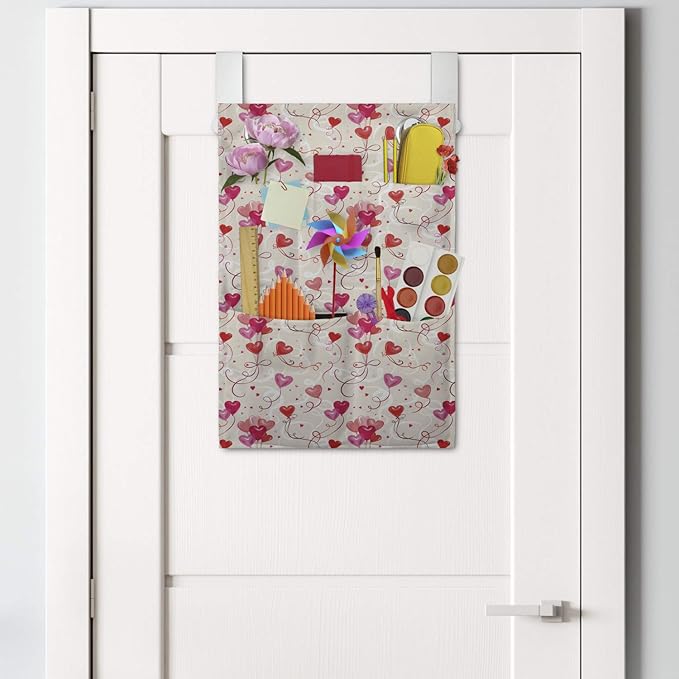 Ambesonne Valentine's Day Hanging Pocket Organizer, Print of Heart Shaped Balloons Flying Up with Mini Hearts, Printed Polyester Storage Bag with Pockets, 14" x 20", Eggshell Vermilion