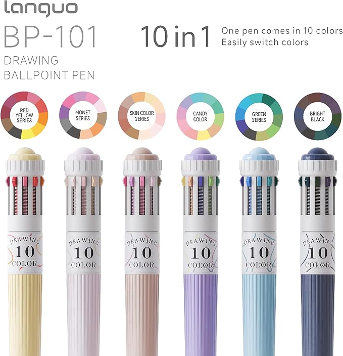 60 Colors Multicolor Pen, 6PCS 10-in-1 Multicolor Ballpoint Pen Set, 0.8mm Tip Retractable Colored Pens for Drawing and Writing, School Office Art Supplies