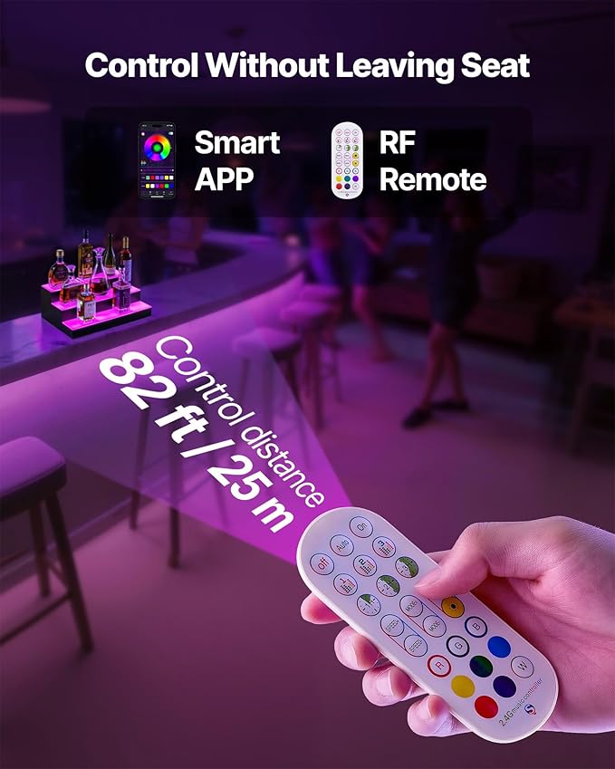 VEVOR LED Lighted Liquor Bottle Display, 3 Tiers 20 Inches Whiskey Rack, Supports USB, Illuminated Home Bar Shelf with RF Remote & App Control, 9 Static Colors, Acrylic Lighted Shelf for 15 Bottles
