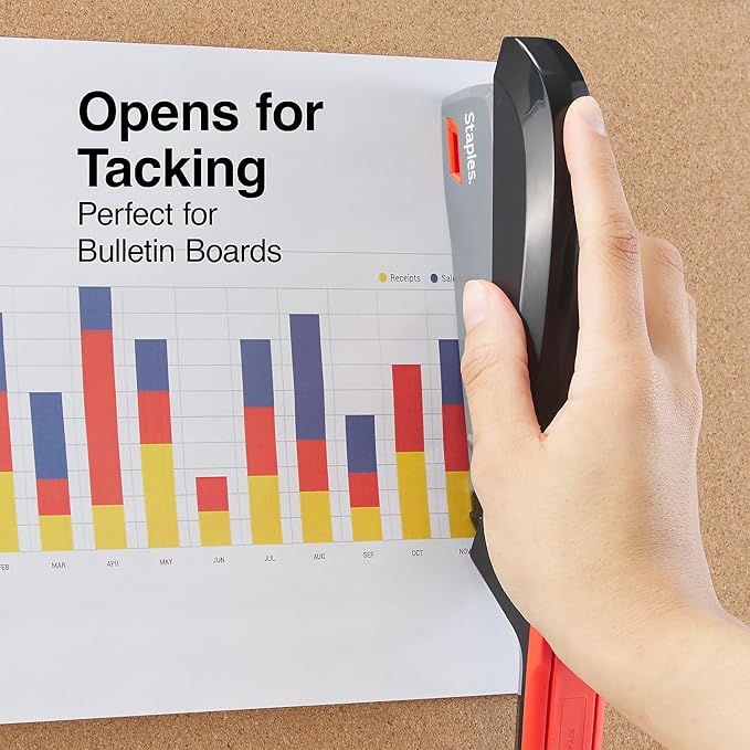 Staples One‑Touch Desktop Stapler, Full‑Strip Capacity, Gray/Black/Red – Smooth‑Press Stapler
