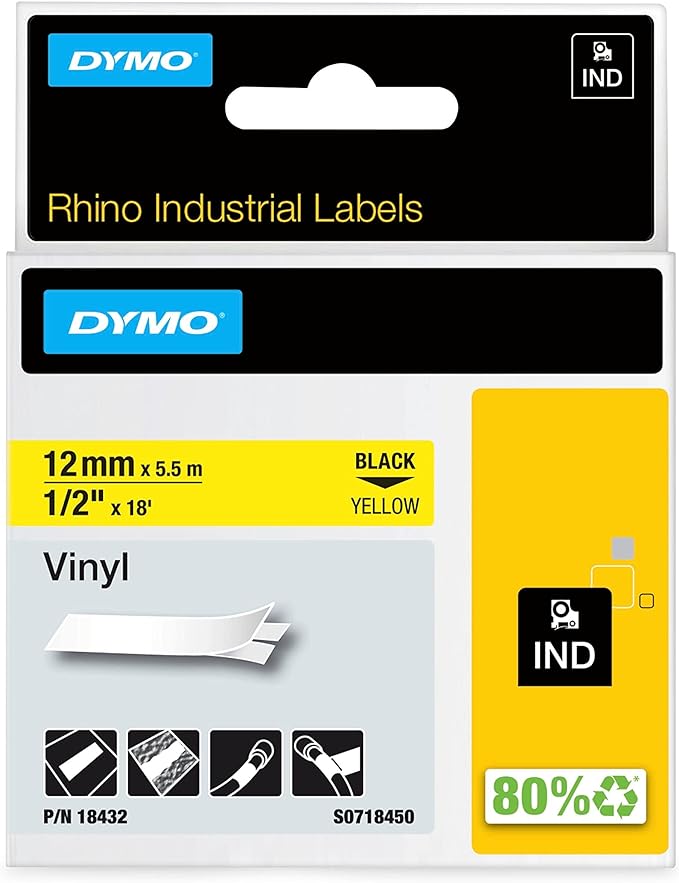 DYMO Rhino Industrial Vinyl Labels, 1/2", Black Print on Yellow Tape
