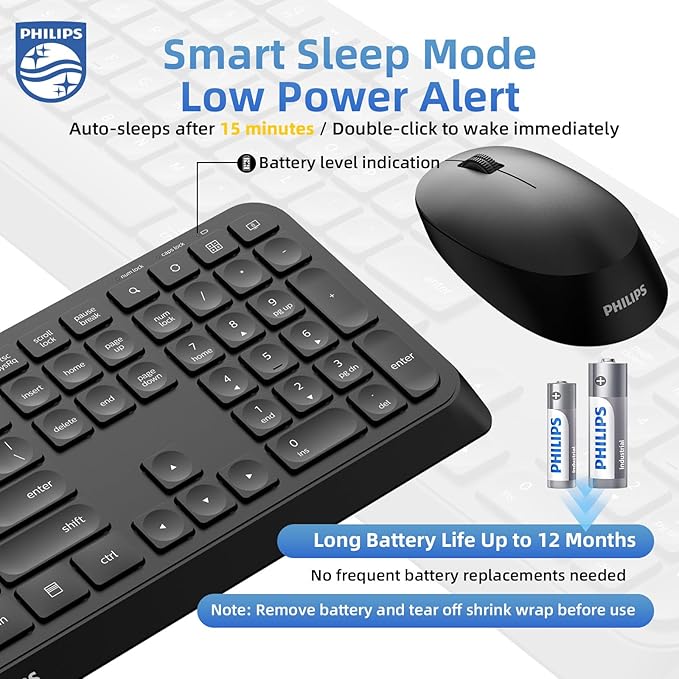 PHILIPS Quiet Wireless Keyboard and Mouse Combo, Silent Keyboard and Mouse Wireless Combo for Laptop PC Computer, Connects with Only One USB-A Dongle, No Bluetooth