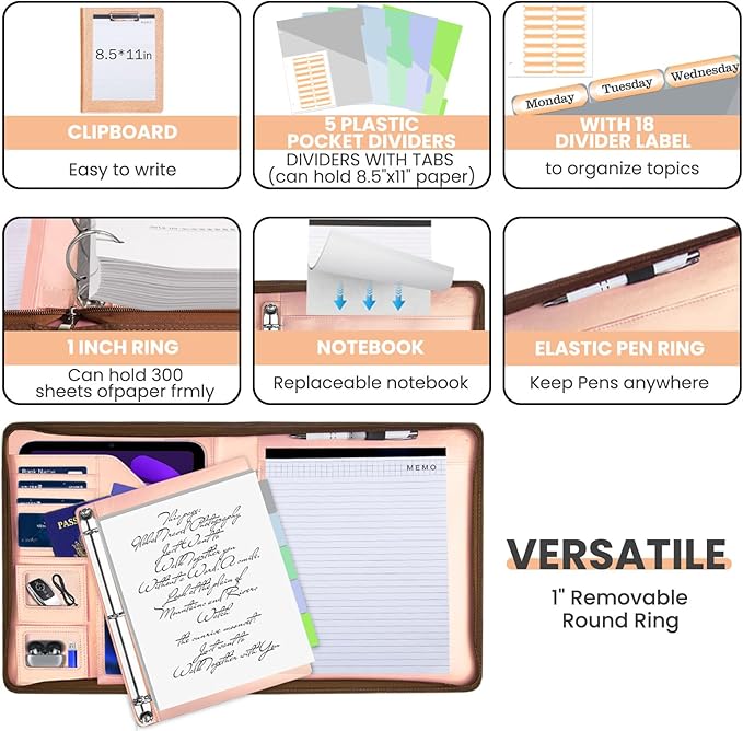 Leather Padfolio Portfolio with Clipboard Storage, Removable 3 Ring Binder 1 Inch Zipper Binder, Document Organizer for Women Men with Notepad, 5 Pocket Dividers, Pen Holder, Rose Gold