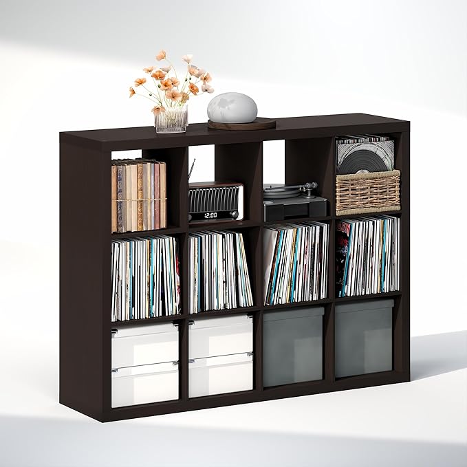 Furinno Cubicle Record Player Stand with Vinyl Storage, 12-Cube Vinyl Record Storage, 1.65" Triple Thick Open Back Media Shelf for CD DVD Blueray Game, for Living Room, Home Office, Black Dark Oak