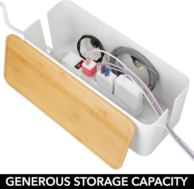 mDesign Cable Management Box - Storage Organizer for Power Strips, Cords, Surge Protectors - Hide Loose Wires in Home Office, Desks, Entertainment Centers - Large, White/Natural Bamboo Wood Lid