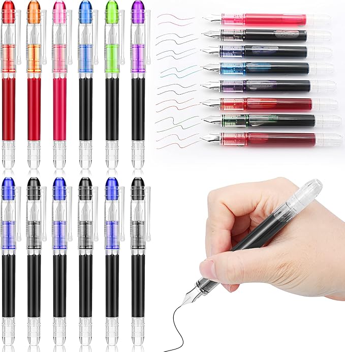 Clabby 12 Pieces Disposable Fountain Pens, Quick-Drying Ink Pen, Smooth-Writing Multicolor Art Supplies for Sketching, Journaling, Calligraphy and Doodling (Mixed Colors)