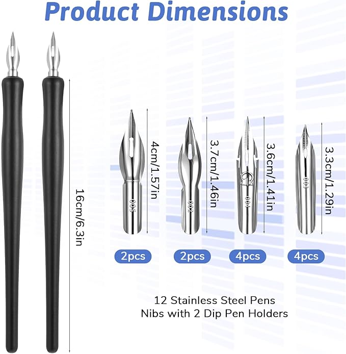 14 Pcs Dip Pen Set Comic Pen Nib Set 12 Stainless Steel Pens Nibs with 2 Wooden Drawing Pens Holder G-Pen Ink Nib for Calligraphy, Comics, Signatures, Drawings (Black)