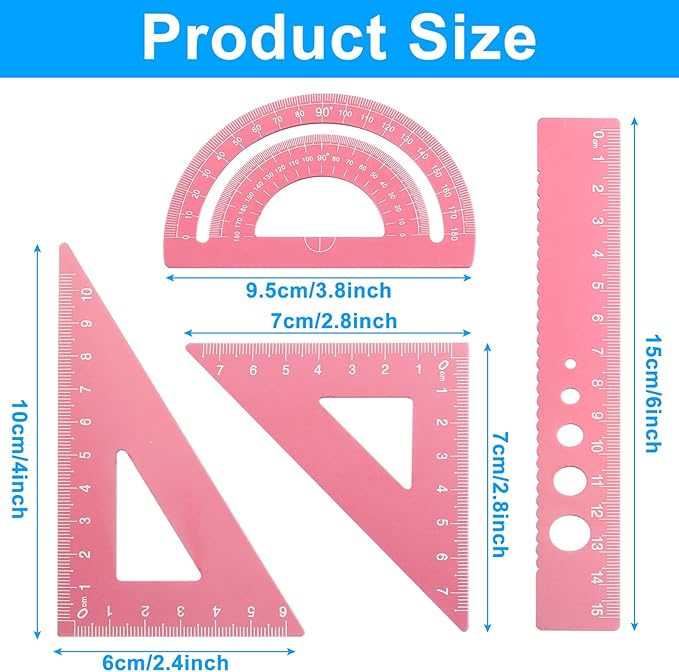 4 Pcs Triangular Ruler Set, Aluminum Alloy Geometry Tools, Metal Drafting Ruler for Students, Draftsmen, Engineers, School Office Supplies with Protractor & Metric Scales (Pink)