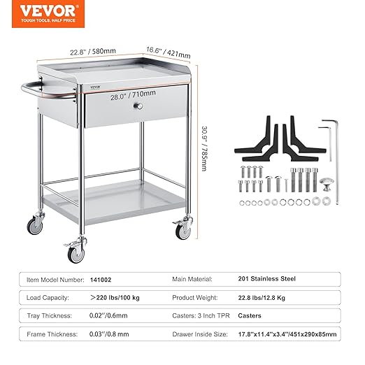 VEVOR Medical Cart, 2-Layer Stainless Steel Cart 220 lbs Weight Capacity, Lab Utility Cart with 360° Silent Wheels and a Drawer for Lab, Clinic, Kitchen, Salon