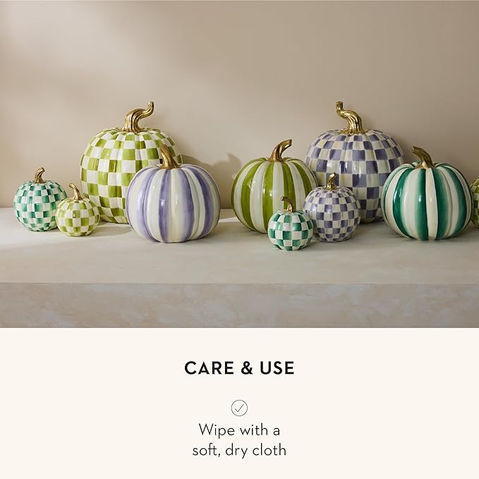 MACKENZIE-CHILDS Pumpkin, Resin Halloween and Fall Decor, Mini, Green-and-White Emerald Check