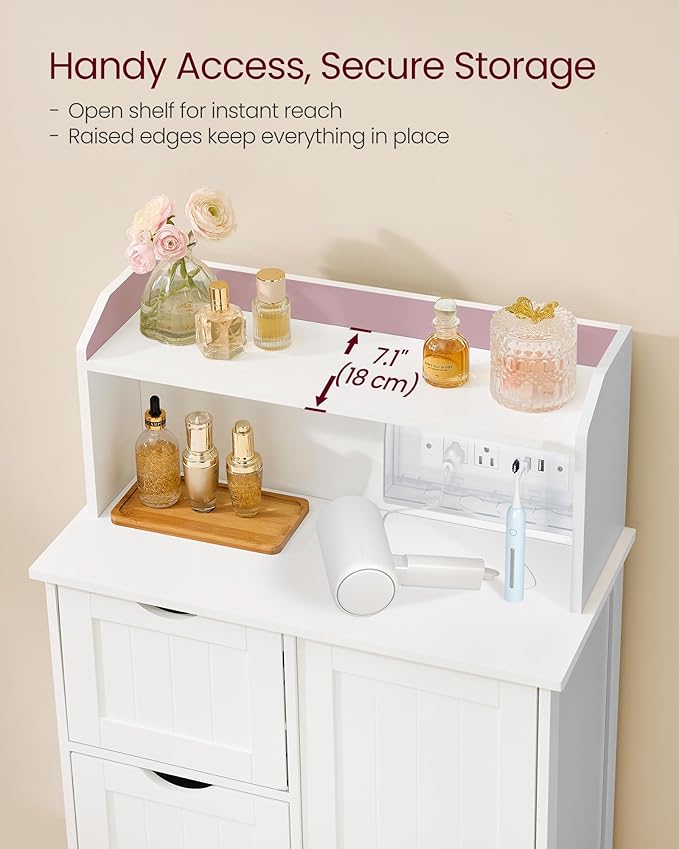 VASAGLE 39.4-Inch Tall Storage Cabinet with Power Strip, Floor Cabinet with Drawers and Door, 2 Adjustable Shelves, Freestanding, for Bathroom, Kitchen, Living Room, Cloud White UBBC775WH01S