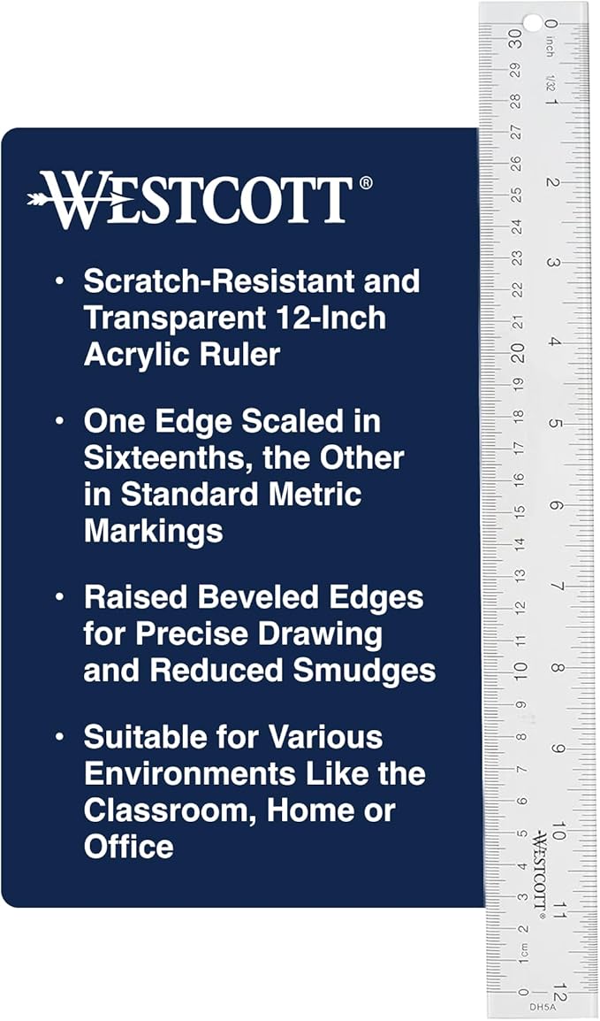 Westcott Acrylic Clear Rulers Set, Easy-to-Read Markings, Scratch-Resistant Design, Raised Beveled Edges, for Crafting, Office, Classroom, Back to School, School Supplies, 12-Inch, 3 Pack