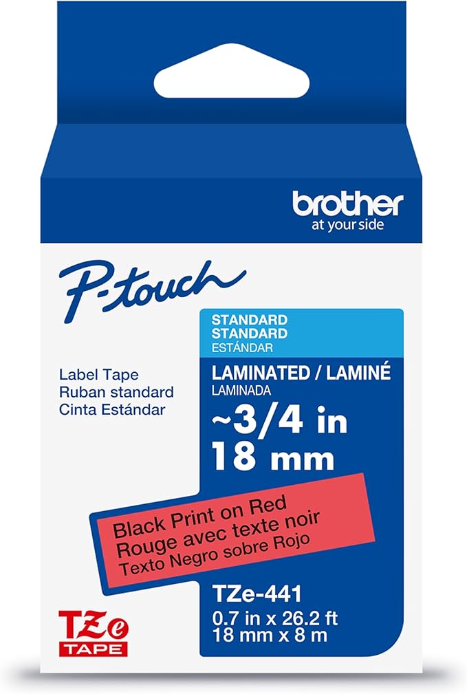 Brother Genuine P-Touch TZe Black Print on Red Label Tape (TZe441), Laminated,3/4in x 26.2ft (18mm x 8m), for Select P-Touch Label Makers, Durable, Water-Resistant, Indoor/Outdoor Use