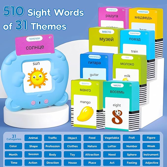 English Flash Cards Bilingual - Russian Talking Flash Cards for Kids, Pocket Speech for Toddlers 3-12, 510 Sight Words of 31 Varieties, Sensory Toys Children with Autism (Russian, Blue)