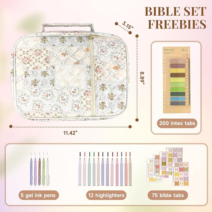 Bible Cover Case for Women,Bible Study Supplies Accessories,Bible Journaling Kit,Pink Flower Carrying Case with Highlighters