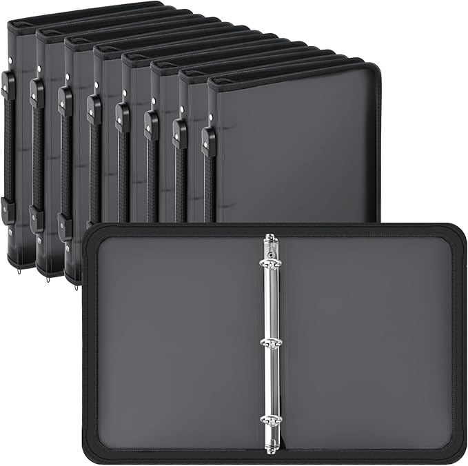 Teling 8 Pcs Plastic Zipper Binders with 3 Ring Zipper Binder, Refillable File Organizer Planner for Projects, Assignments, Memos, School Work (1 Inch,Black)