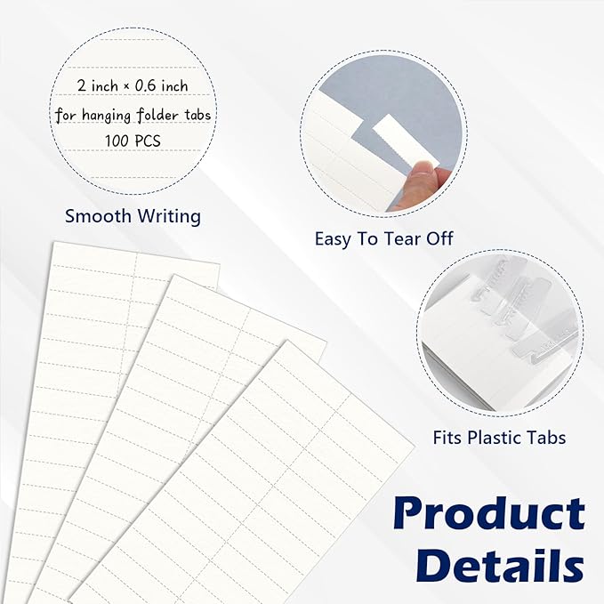 100 Pack Hanging File Folder Paper Inserts 2 Inch Off White Blank Cardstock File Tab Inserts for Hanging Folder (2×0.6 inch)(No Tabs)