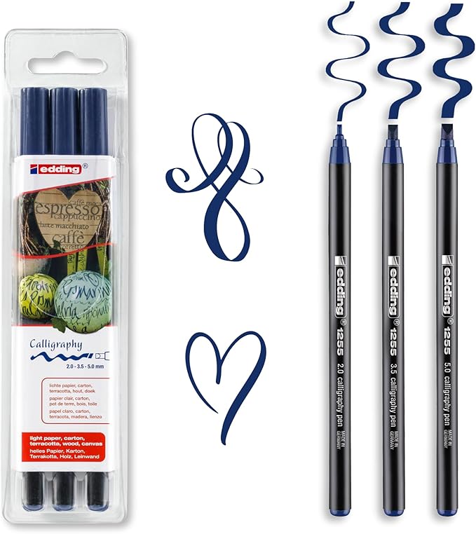 edding 1255 calligraphy pen - steelblue - 3 pens - calligraphy nib 2 - 5 mm - fibre pens for paper, wood, terracotta, canvas - hand lettering, bullet journals, thank you cards, calligraphy books