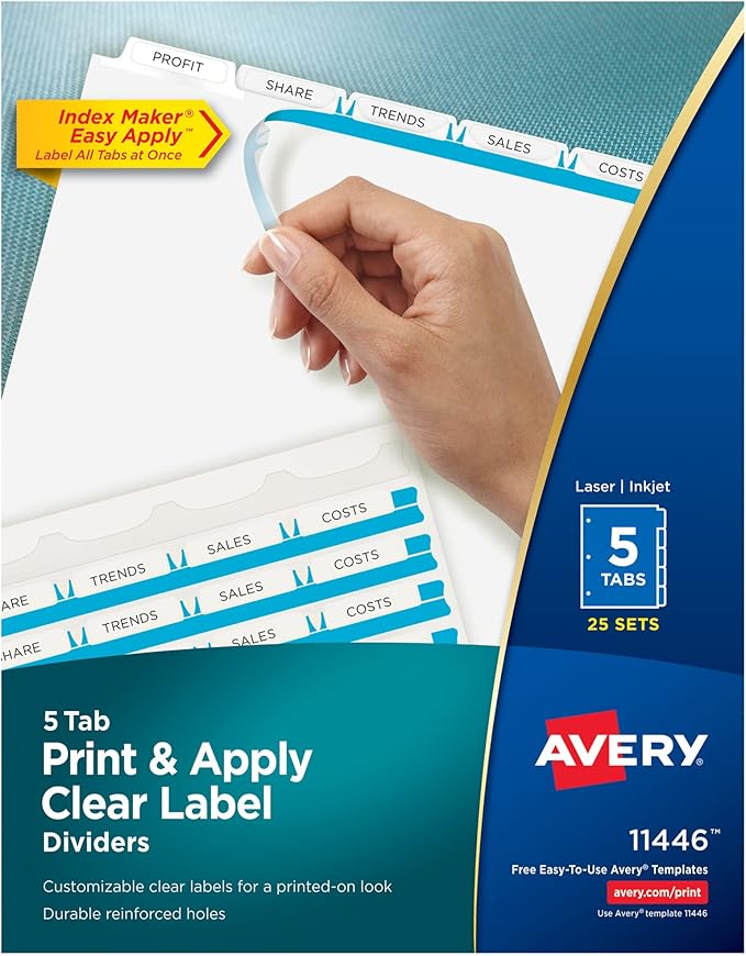 Avery 5 Tab Dividers for 3 Ring Binder, Easy Print & Apply Clear Label Strip, Index Maker Customizable White Tabs, 6-Pack of 25 Sets, 150 Sets Total (11446)