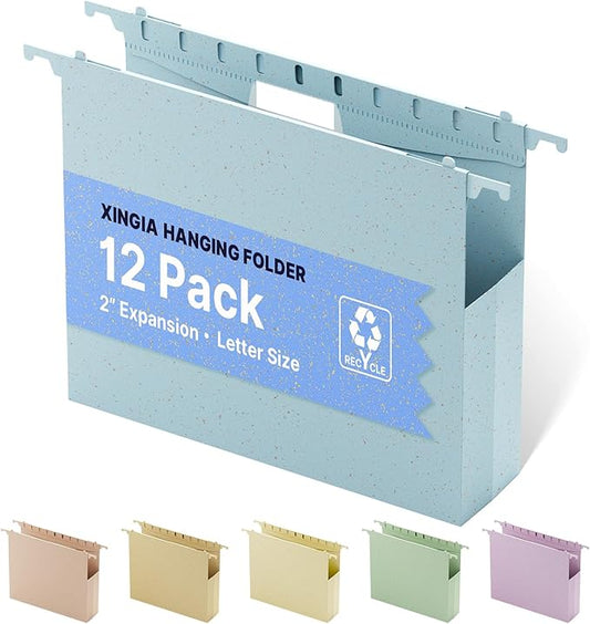 XINGIA Wheat Straw Plastic Hanging File Folders Letter Size, 2'' Expansion Extra Capacity Filing Cabinet Folders with Tabs, 12 Pack Reinforced Accordion File Organizer for Office School(Morandi Blue)