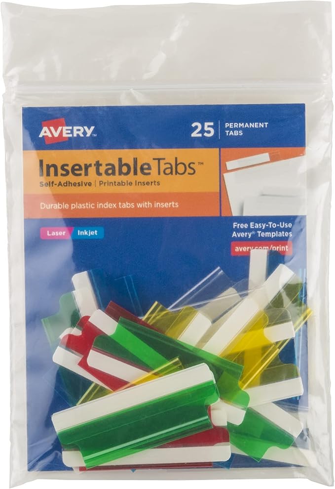 Avery Insertable Self-Adhesive Tabs with Printable Inserts, 2", Permanent Adhesive, Assorted (Blue, Clear, Green, Red and Yellow), Pack of 25 Index Tabs (16239)