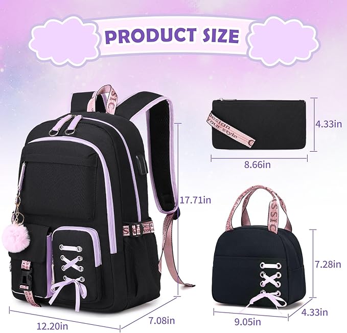 Backpacks for Girls, Girls Backpack with Lunch Box and Pencil Case for Teen Kids Elementary Middle High School College Student, Children Backpack Bookbag with USB Charging Port (Black Purple)