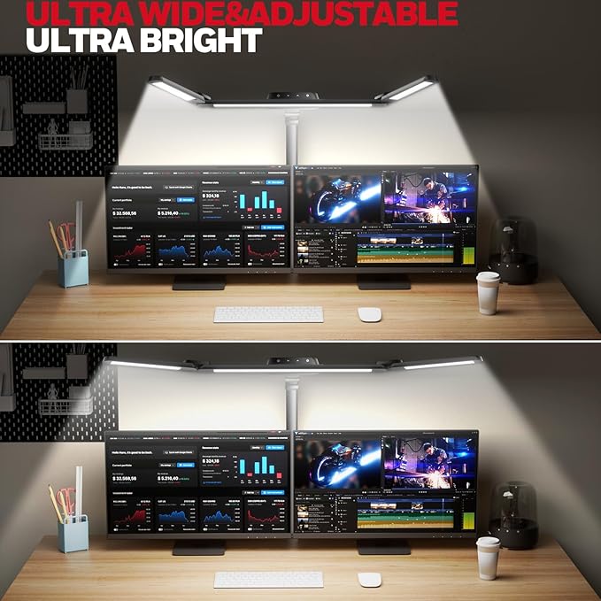 Honeywell Wide Desk Lamp with Clamp for Dual Monitors,22W Full-Spectrum Eye-Caring LED Light Bar for Home Office, 3-Section Adjustable Design with Stepless Dimming