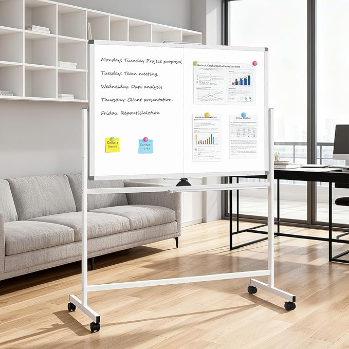 48" X 36" Large Rolling Whiteboard, 360°Rotation Magneitic White Board with Stand, Double Sides Whiteboard Easel on Wheels, Big Dry Erase Board for Office, School, Home