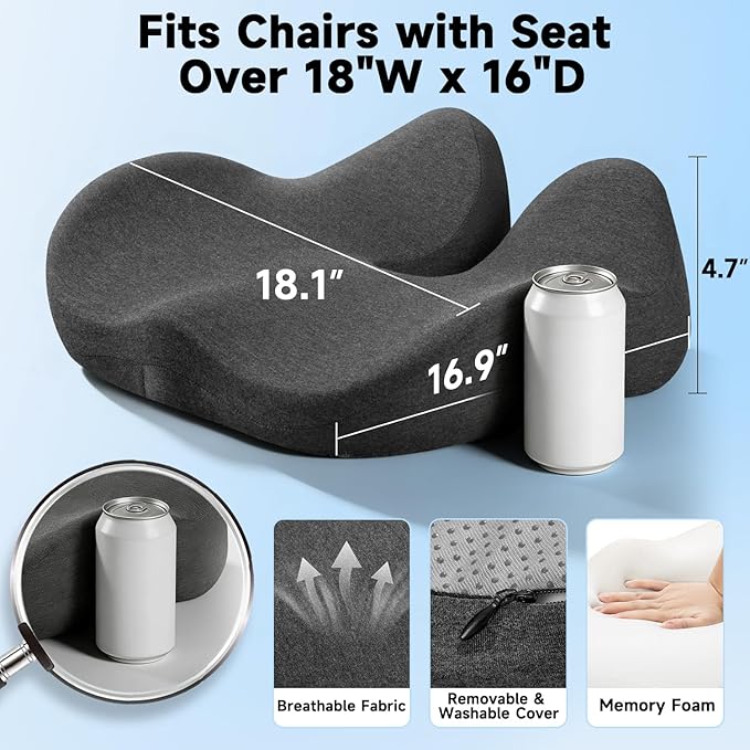 Ergonomic Seat Cushion for Office Chair, Large U-Shaped Memory Foam Chair Cushion for Tailbone, Coccyx, Hip & Lower Back Pressure Relief, Comfortable Desk Chair Pad for Office, Gaming & Long Sitting