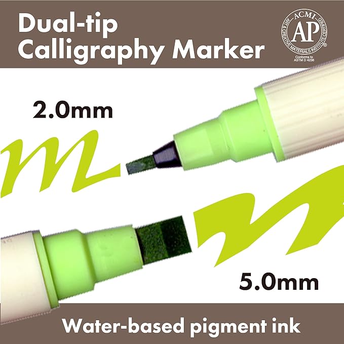 Kuretake Zig Calligraphy Dual Tip Marker Pens 3 colors set, KiwiMint, 2mm, 5mm, Double Tip, for Art, Sketch, illustration, Calligraphy, Journal, Drawing, Made in Japan