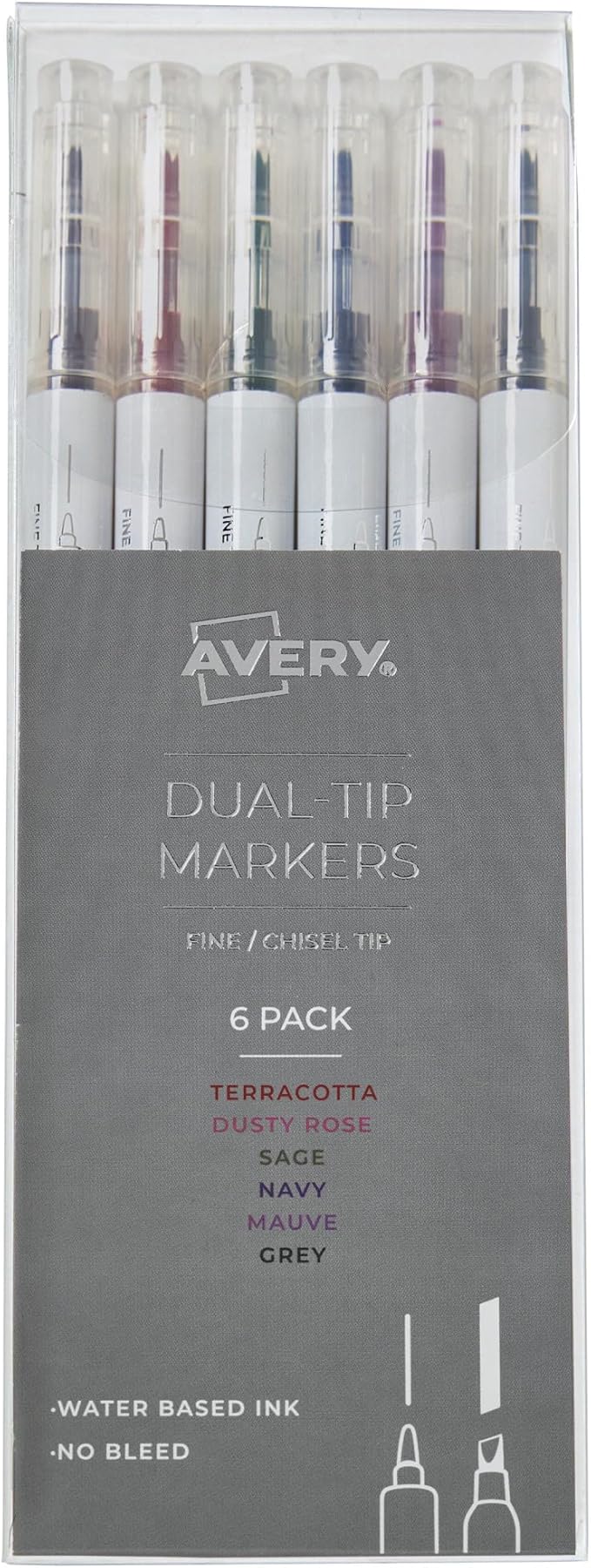 Avery Dual Tip Markers, Fine Tip Marker and Chisel Tip Marker, Quick-Drying Water-Based Markers, Muted Neutral Colors, Ideal Planner Markers and Bullet Journal Markers, 6-Pack (25003)