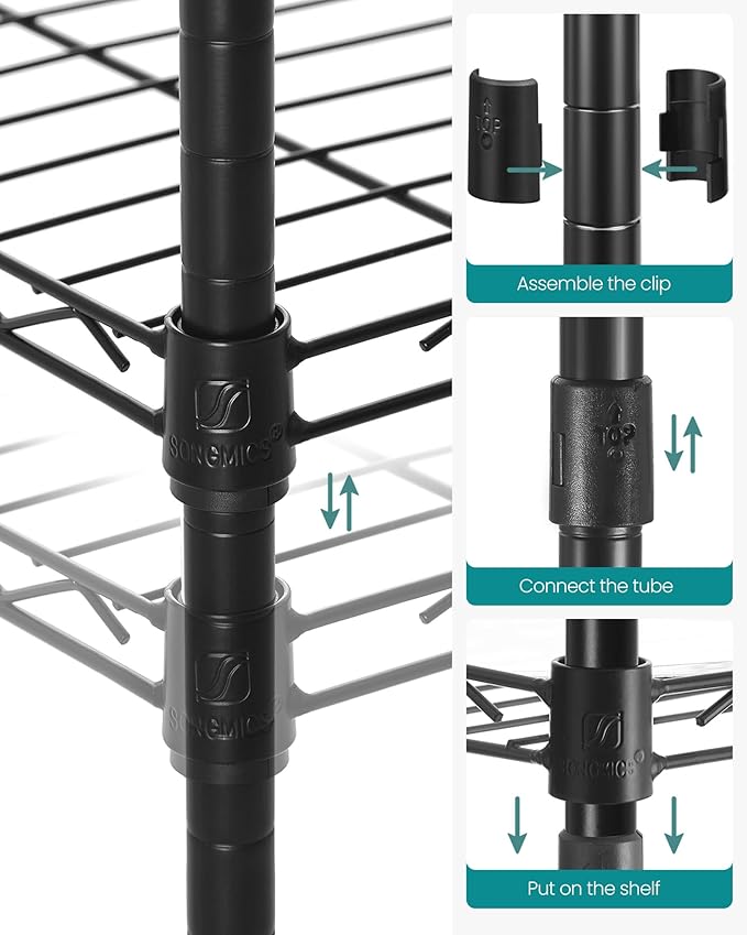 SONGMICS 3-Tier Bathroom Shelf, Storage Rack for Small Space, with 3 PP Shelf Liners, Removable Hook, Extendable Design, Ink Black and Translucent ULGR103B01