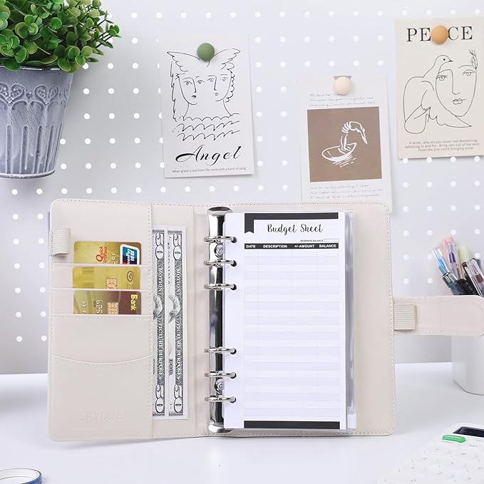 SKYDUE Budget Binder with 8pcs Zipper Envelopes, Money Organizer for Cash with 12pcs Expense Budget Sheets & 24 Blak Sticky Labels, Budget Book with Cash Envelopes (Creamy Oatmeal)