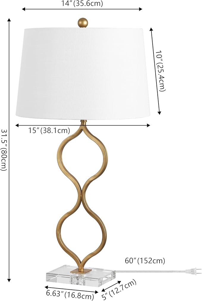 JONATHAN Y 31.5" Gold Curved Metal and Crystal Table Lamp, Modern Glam Bedside Lamp with White Linen Drum Shade for Living Room and Bedroom, LED Bulb Included JYL3028A