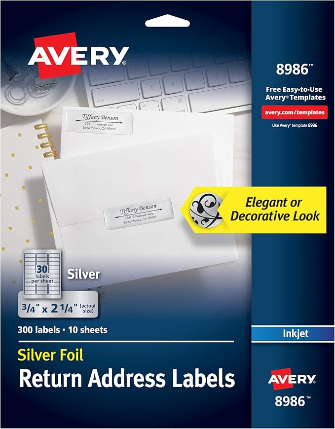 Avery Printable Return Address Labels, 0.75" x 2.25", Silver Foil, 300 Blank Mailing Labels (08986)
