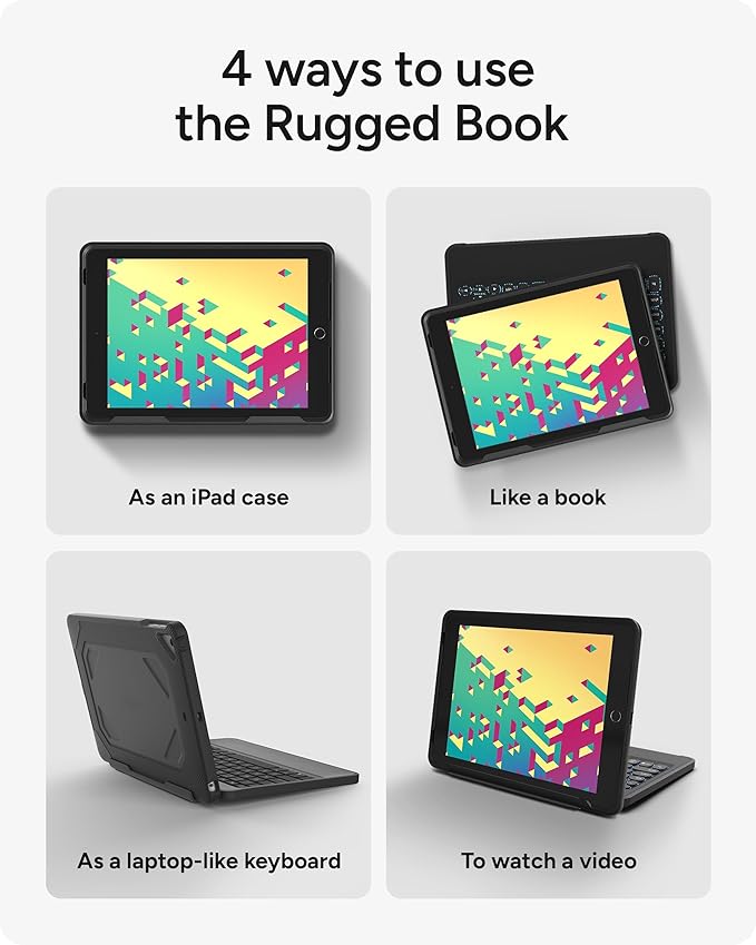 ZAGG Rugged Book Detachable Case with Magnetic-Hinged Backlit Keyboard for iPad Air/Air 2/9.7/9.7 Pro - Multi-Device Bluetooth Pairing - USB-C to USB-C Cable Included, Black