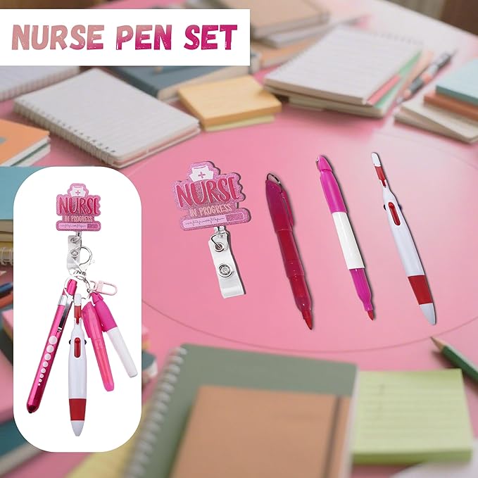 Student Nurse Pen Set Badge Reel Holder Accessories Clip, Retractable Mini Nursing Pen & Light Tool Set， Highlighter pens and Highlighter pens（Pink）