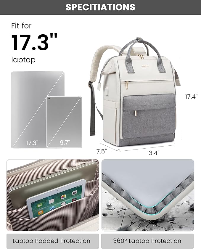 LOVEVOOK Laptop Backpack for Women, 17 Inch Work Teacher Nurse Bag, Large Capacity Business Computer Backpack Purse with USB Port, Stylish Casual Daypack for Travel,Beige&Grey