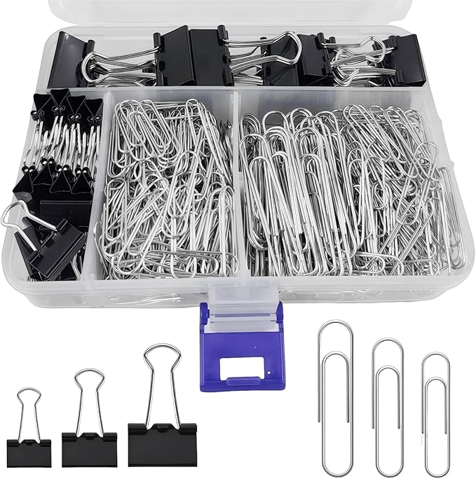 Binder and Paper Clips Set, 340 pcs Assorted Sizes in Container With Compartments - Silver Paper and Black Binder Clips for Home, School, Office Supplies