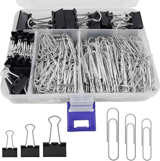 Binder and Paper Clips Set, 340 pcs Assorted Sizes in Container With Compartments - Silver Paper and Black Binder Clips for Home, School, Office Supplies