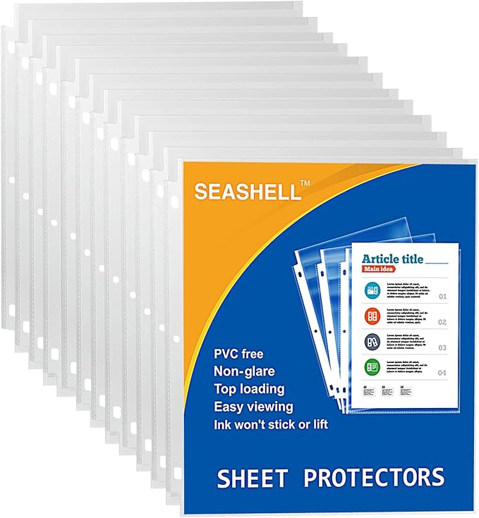Seashell 100 Economy Non-Glare Sheet Protectors, Plastic Page Protectors for 3 Ring Binder, Letter Size, Top Loading, 3 Hole Punched, Binder Sleeves for 8.5 x 11 Paper, for School and Office use…