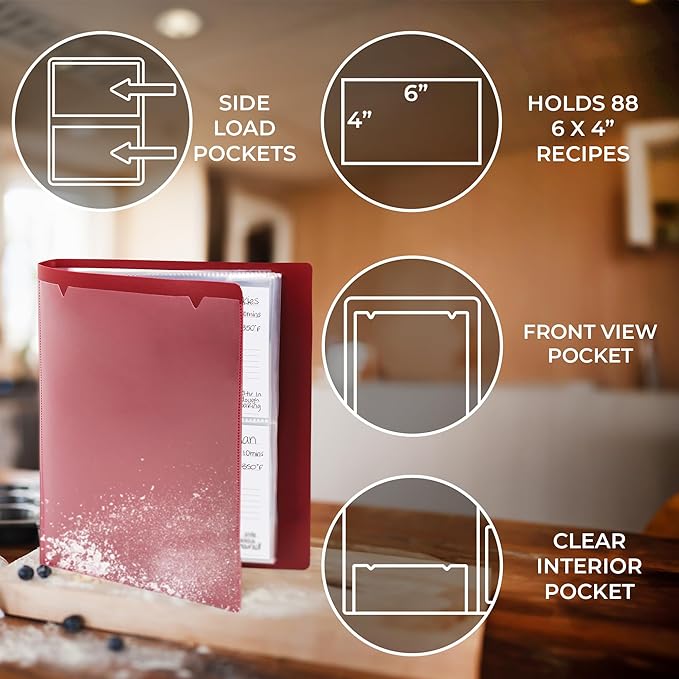 Samsill Plastic Recipe Holder, Recipe Book with Plastic Sleeves, Holds up to 88 Recipe Cards, 4x6 Index Cards, Customizable Cover