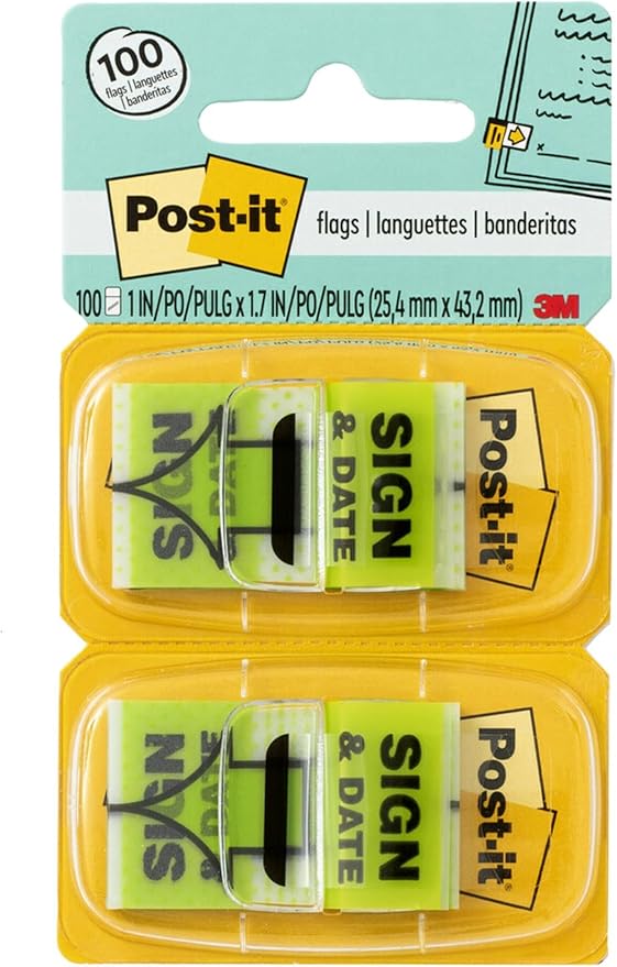 Post-it Sign and Date Flags, 50/Dispenser, 2 Dispensers/Pack, 1 in Wide, Bright Green (680-SD2)
