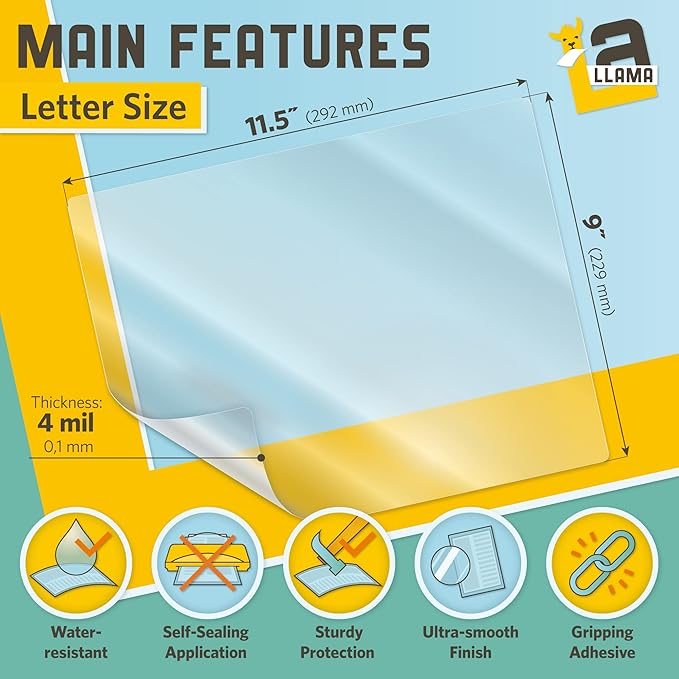Self Sealing Lamination Sheets, 9 x 11.5 Inches, 4 Mil Thick, Suited for Letter Size Self Adhesive Laminating Sheets 8.5 x 11, 50 Pack