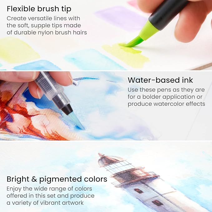 ARTEZA Real Brush Pens, 12 Watercolor Pens, Drawing Markers with Flexible Brush Tips, Watercolor Markers for Artists, and Beginners